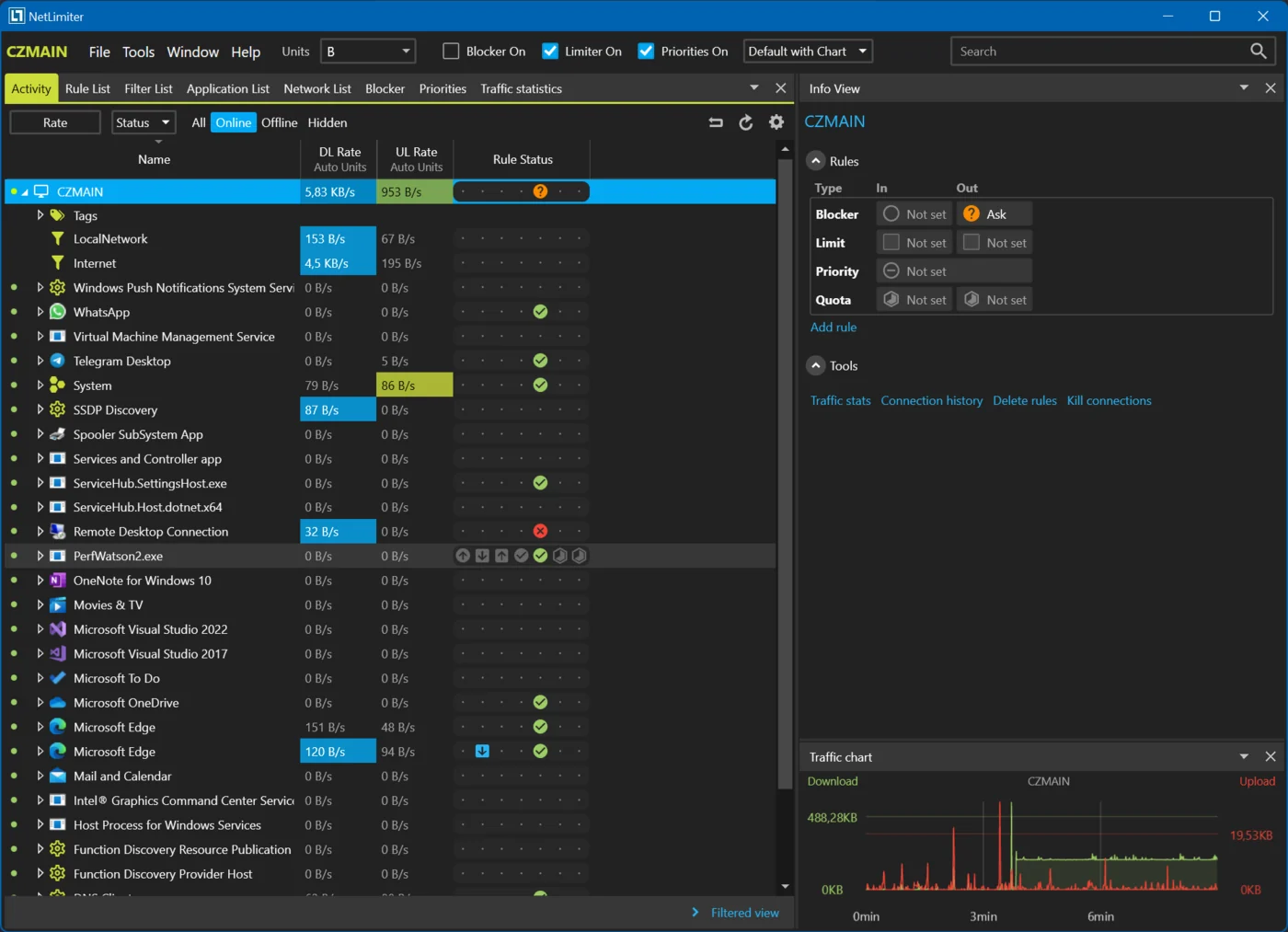 NetLimiter main window with per-application download and upload rates
