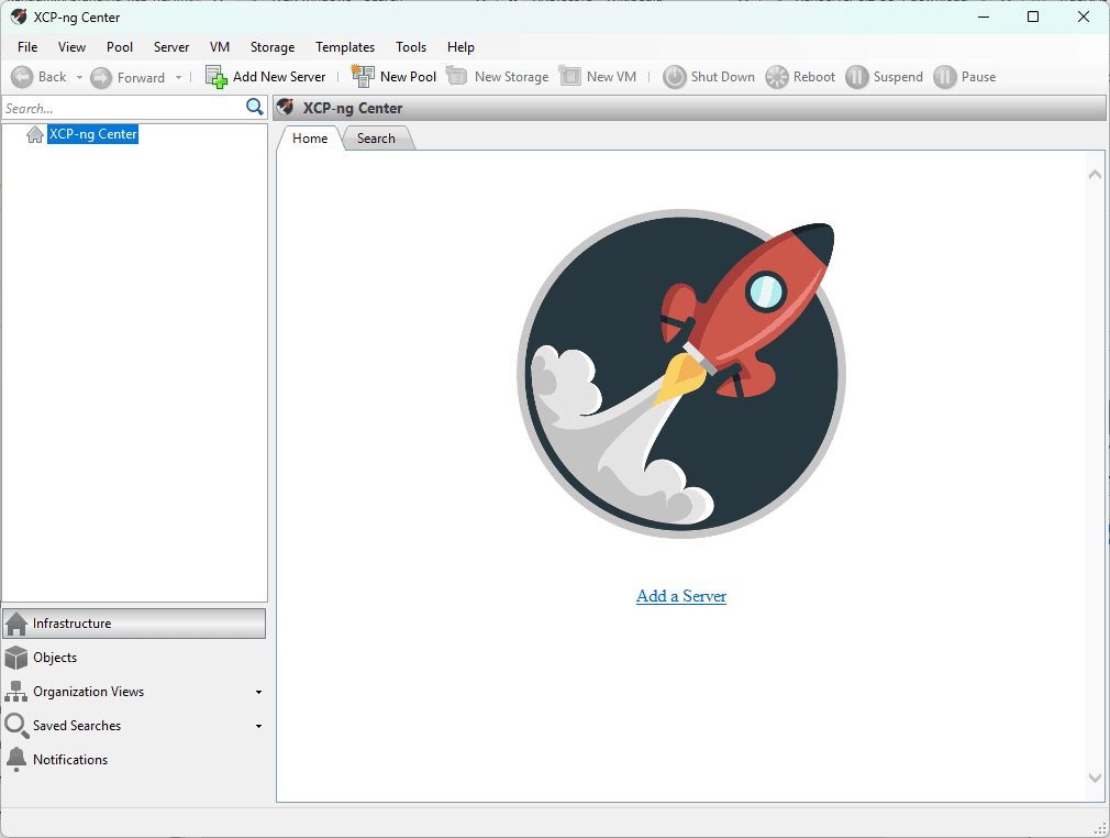XCP-ng Center start screen with the Add a Server link
